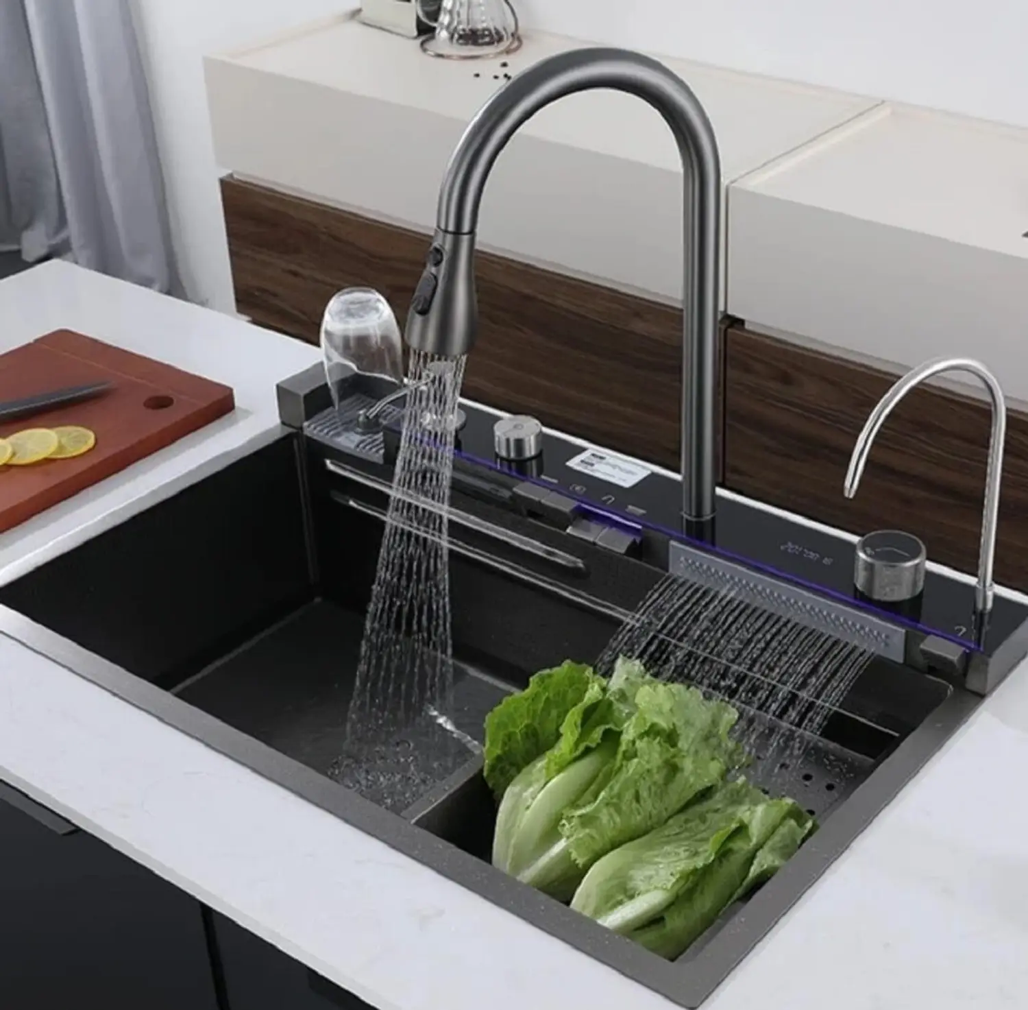S R Internationals 5 button Waterfall Kitchen Sink with Digital Display-30x18x10 in S
